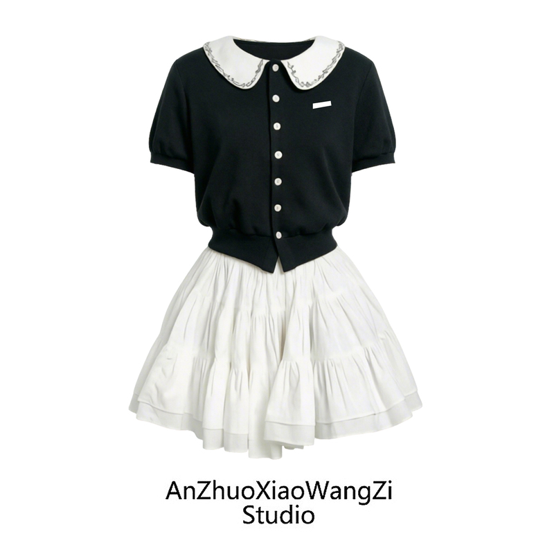 Korean-Style College-Style Doll Collar Short-Sleeved Cardigan Top and Puffy Skirt Two-Piece Set for Women, Summer Elegant and Age-Reducing Outfit
