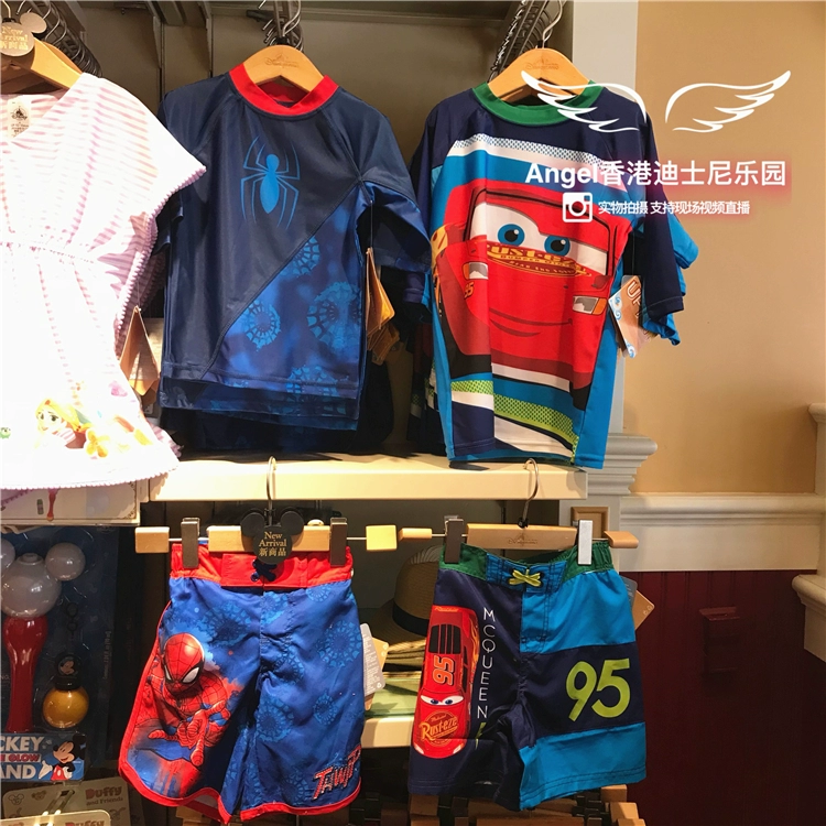 Hong Kong Disney Spider-Man Car McQueen Phim hoạt hình dành cho trẻ em Ngắn tay trên bãi biển Quần short đi biển Đồ bơi Bộ áo tắm - Bộ đồ bơi của Kid