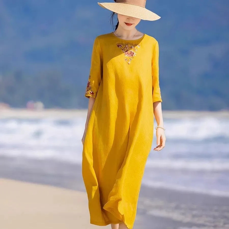 Chinese-Style Embroidered Cotton and Linen Dress for Women 2026 Spring and Summer New Round Neck A-Line Skirt Loose Artistic Elegant Mid-Length Skirt Chinese-Style Embroidered Cotton and Linen Dress for Women 2026 Spring and Summer New Round Neck A-Line Skirt Loose Artistic Elegant Mid-Length Skirt