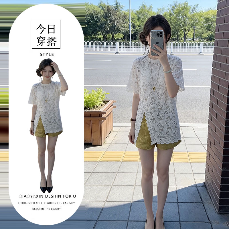 Stylish and Youthful Hollow-Out Lace Round-Neck T-Shirt with Slit Hem Short-Sleeve Top + High-Waisted Shorts Two-Piece Set