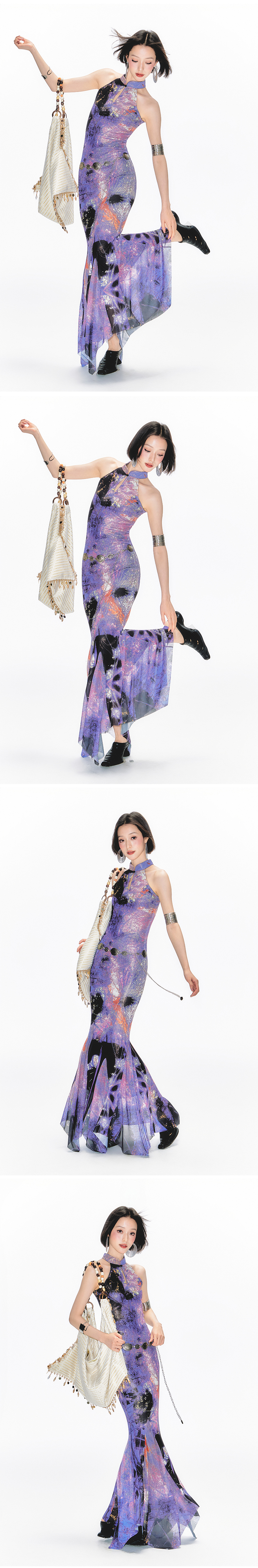 Yang Er Da Meng original National style purple printing halter  Sleeveless cheongsam Dress female New Chinese style stand collar longuette