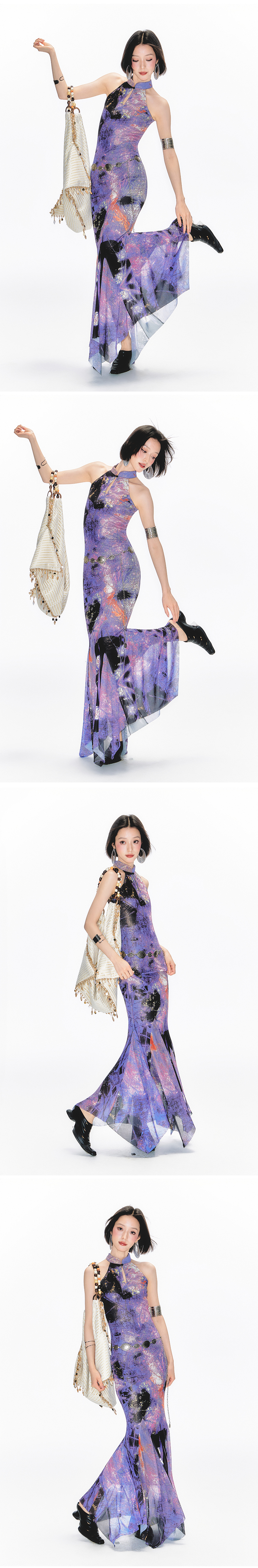 Yang Er Da Meng original National style purple printing halter  Sleeveless cheongsam Dress female New Chinese style stand collar longuette