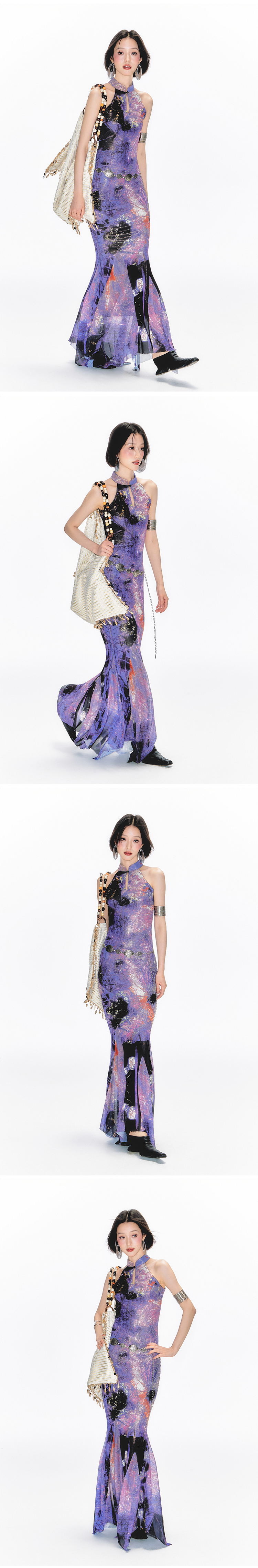 Yang Er Da Meng original National style purple printing halter  Sleeveless cheongsam Dress female New Chinese style stand collar longuette