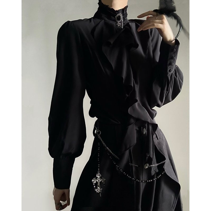 Dark Japanese Retro Palace-Style Long-Sleeved Shirt for Men and Women, High-End Design Shirt with Ruffled Edges