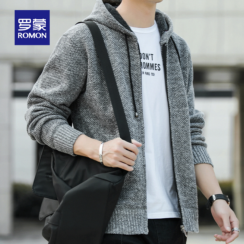 Romon Men's Sweatshirt Spring and Autumn New Casual Stylish Sports Jacket Knitted Cardigan Sweater Hooded Top