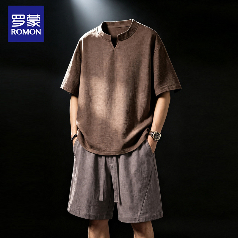 Romon Men's Old Money Style Tencel Linen Casual Suit Summer Thin Ice Silk Loose Short-Sleeved Shorts Two-Piece Set