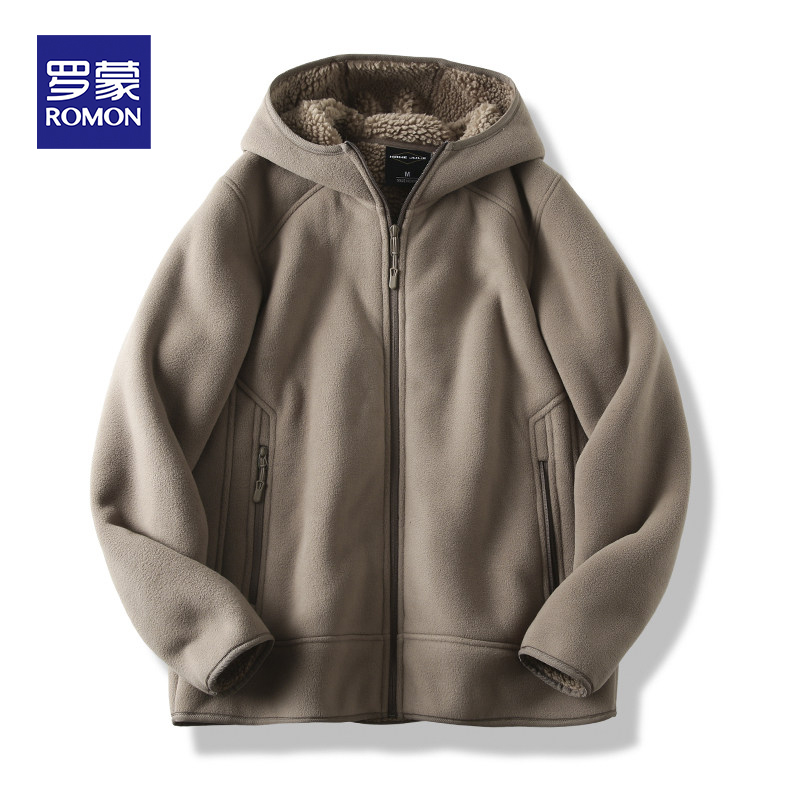 Romon Fleece Cardigan Jacket Men's Autumn and Winter New Warm Hooded Fleece Sweatshirt Lamb Fleece Cotton Jacket for Men