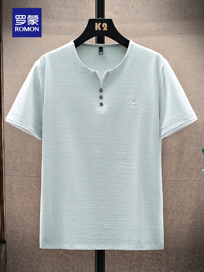 Romon Men's Linen Short-Sleeve T-Shirt, Summer Thin Style, Sweetheart V-Neck, Fake Two-Piece Round Neck, Ice Silk Men's Clothing Top