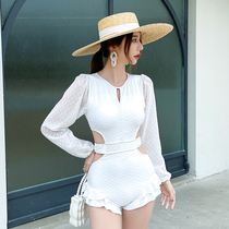 One-piece swimsuit female Conservative thin belly covered belly white fairy fan long sleeve triangle sexy small chest hot spring swimsuit