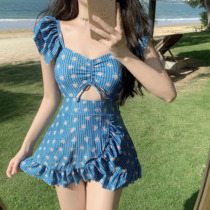 Swimwear women 2021 New skirt style retro one-piece fashion fairy Fan Xianthin small chest gathered conservative hot spring swimsuit