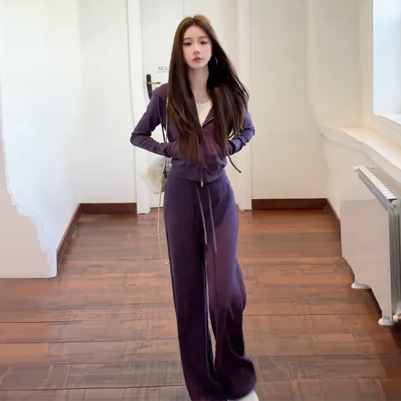 Very Stylish Purple Casual Sportswear Set for Women, Spring and Autumn, Age-Reducing, Trendy, Slimming Sweatshirt Jacket and Wide-Leg Pants Two-Piece Set Very Stylish Purple Casual Sportswear Set for Women, Spring and Autumn, Age-Reducing, Trendy, Slimming Sweatshirt Jacket and Wide-Leg Pants Two-Piece Set