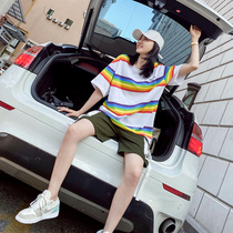 Casual Sports Suit Women Wave Cards Fashion Summer Easy Ocean Air Rainbow Short Sleeve Tooling Shorts Hip Hop two sets