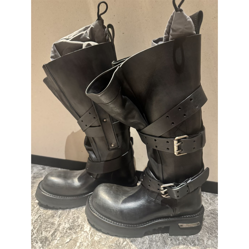 Dark Black Martin Boots for Women, Biker Boots, 2025 Winter New Style, Genuine Leather High-Top Belt Buckle Lace-Up Venom Boots