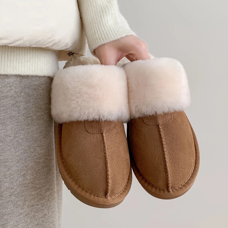 Autumn and Winter Qian Songyi Style Cotton Slippers for Women, Genuine Leather and Fur Integrated Closed-Toe Slippers, Wool Slippers for Outdoor Wear, Furry Slippers for Men, Warm
