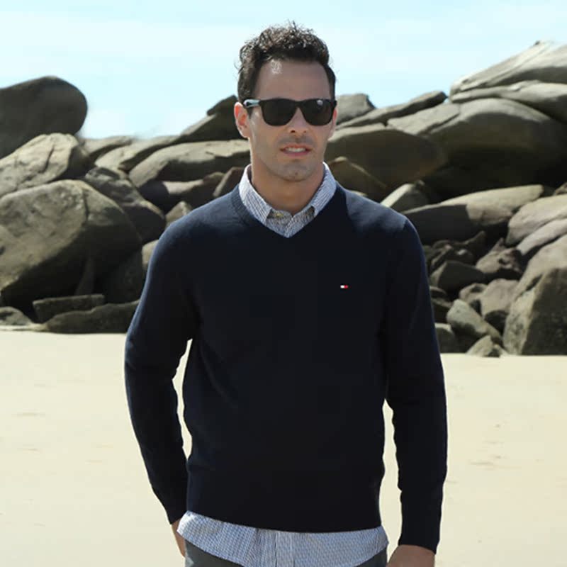 American Tommy Sweater Men's Knitwear Tommyflowersen V-Neck Solid Color Business Casual Tommy