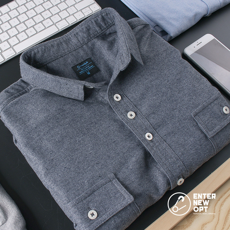 enostyle秋冬男式法兰绒磨毛蓝灰色长袖衬衫休闲磨毛翻领工装衬衣