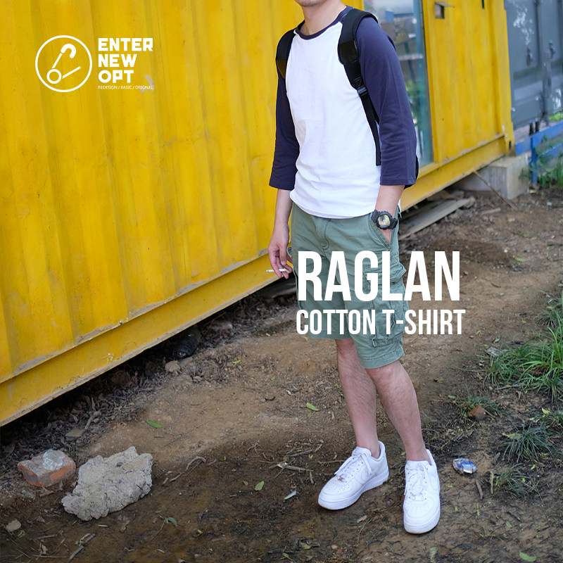 enostyle夏季男式牛角袖插肩袖七分袖t恤男短袖中长袖纯美式T恤