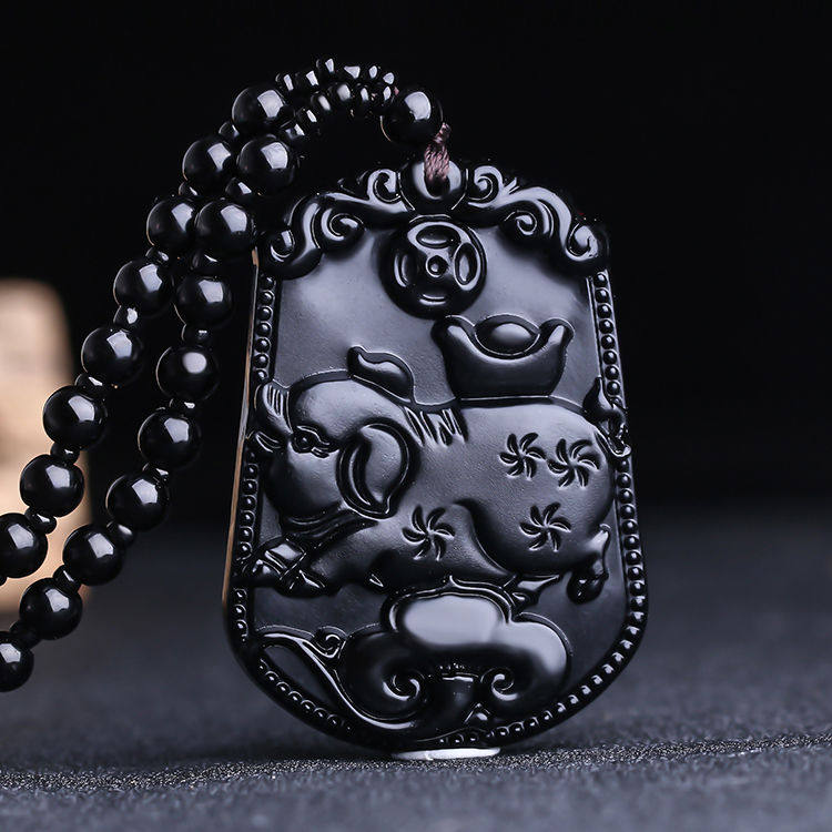 黒曜石製の十二支動物ペンダント（ネズミ、牛、虎、兎、龍、蛇、馬、羊、猿、鶏、犬、豚） - 男女兼用