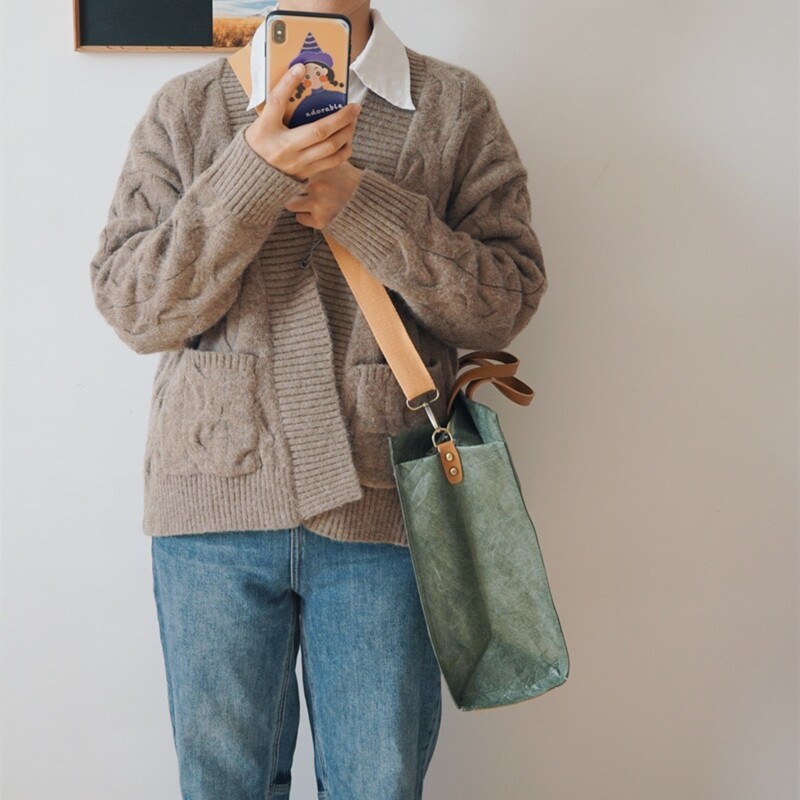 Vintage Pleated Washable Waterproof Kraft Tyvek Laptop Tote, Unisex Shoulder Crossbody Bag - Thumbnail 5