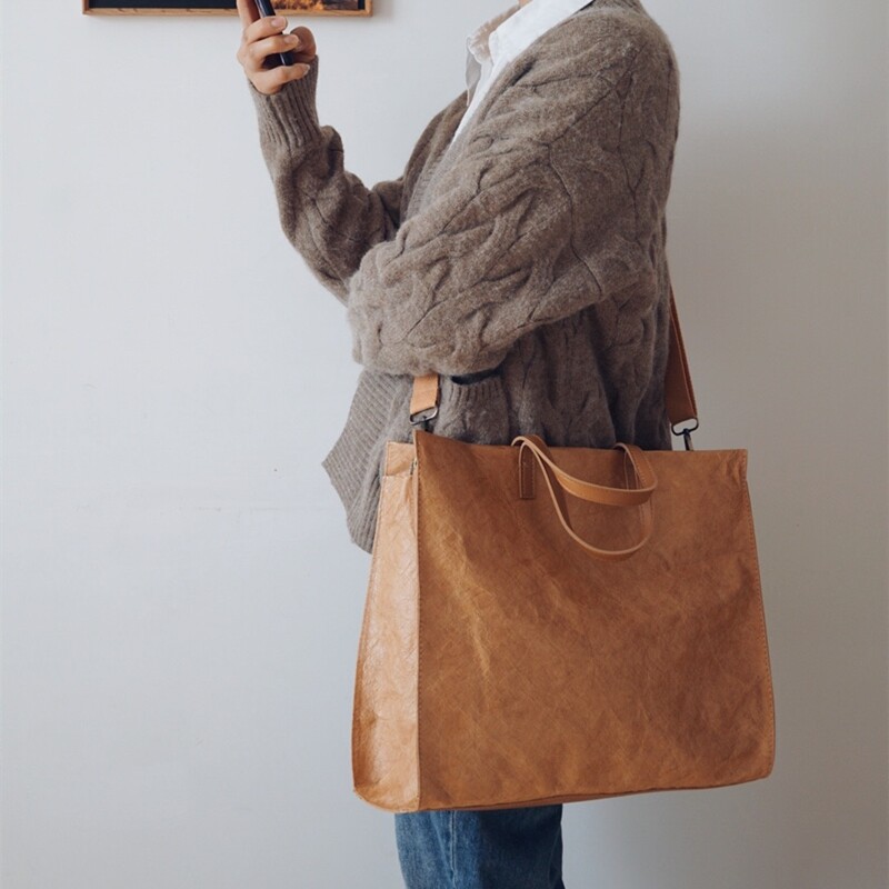Vintage Pleated Washable Waterproof Kraft Tyvek Laptop Tote, Unisex Shoulder Crossbody Bag - Thumbnail 2