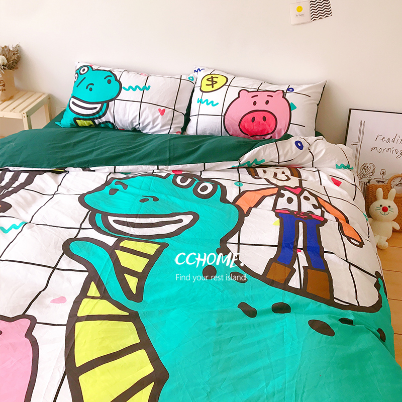 Four pieces of all-cotton pure cotton linen sheet three sets bedding 1 2 1 5m bed cartoon student dorm room single woman