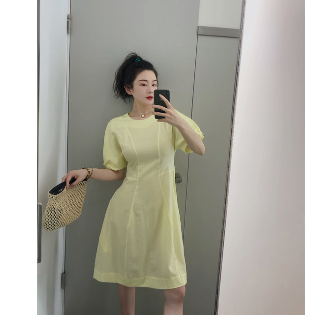 yjiid homemade 24 summer new arrival navy blue pure cotton seersucker A-line short-sleeved waist slimming dress for women