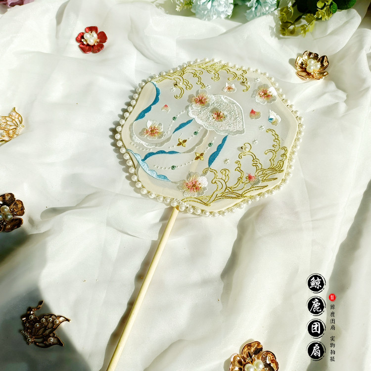 Cherry blossom embroidery shaped long-shaped fan retro palace fan photo walking props