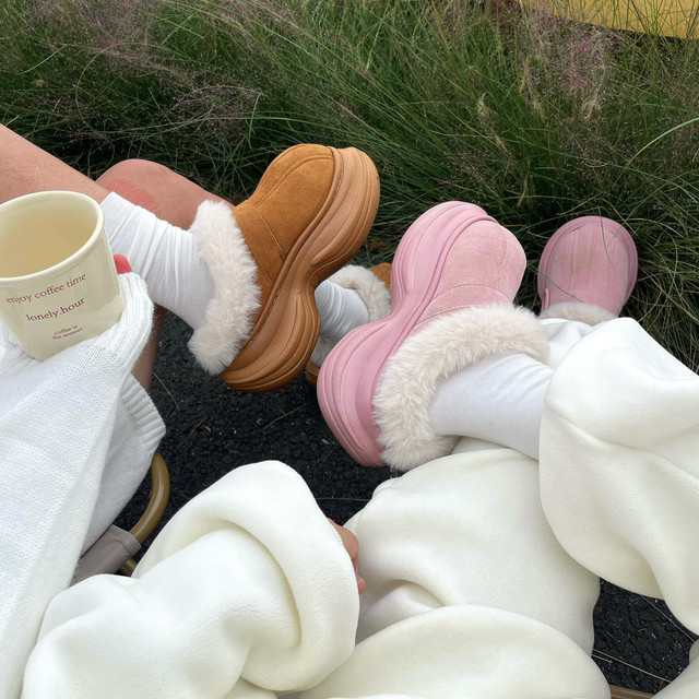 Thick-Soled Height-Increasing Cotton Slippers for Women, New Winter Snow Boots, Indoor Home Plush Warm Outerwear Large-Toe Cotton Shoes for Women