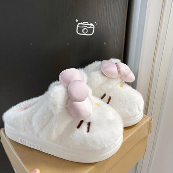 Cute Cat Bow Cotton Slippers for Women, New Winter Indoor Home Thick-Soled Warm Couple Furry Slippers for Men