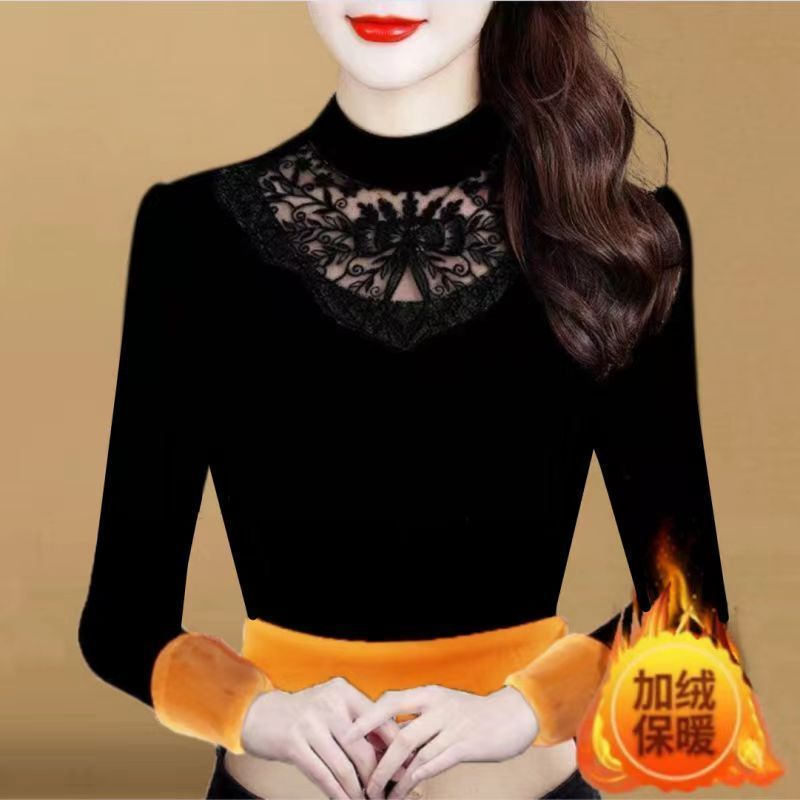 Fleece-Lined Thickened Base Shirt for Women, Autumn and Winter Gold Velvet Long-Sleeve T-Shirt with Lace Mesh, Half-High Collar, Plus-Size Warm Top Fleece-Lined Thickened Base Shirt for Women, Autumn and Winter Gold Velvet Long-Sleeve T-Shirt with Lace Mesh, Half-High Collar, Plus-Size Warm Top