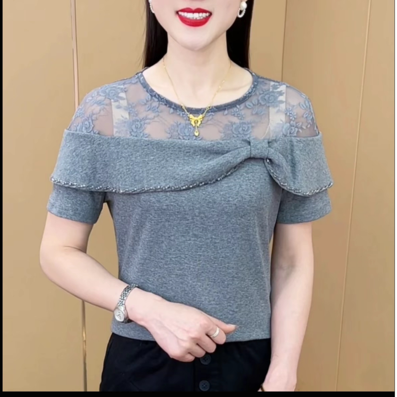 2025 Summer New Fashion Design Round Neck Lace Patchwork Short-Sleeve T-Shirt for Women Versatile Trendy Top 2025 Summer New Fashion Design Round Neck Lace Patchwork Short-Sleeve T-Shirt for Women Versatile Trendy Top