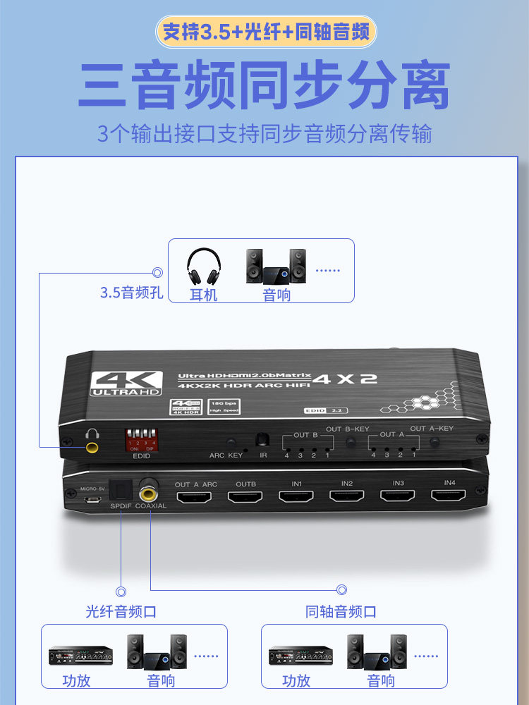 Tengfei HDMI Matrix Splitter 4 in 2 Out High-Definition Distribution Switcher HDMI Audio Splitter 4K Four in Two Out High-Definition 3D Expansion Hub Video 4K@60Hz Edid Audio Splitter