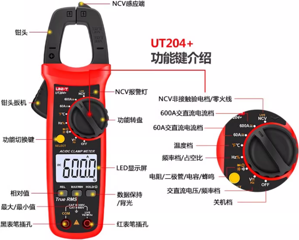 Unilide Ut203/Ut204+ Digital Clamp Meter, Dual-Purpose Ac/Dc Clamp Multimeter, High-Precision Ammeter