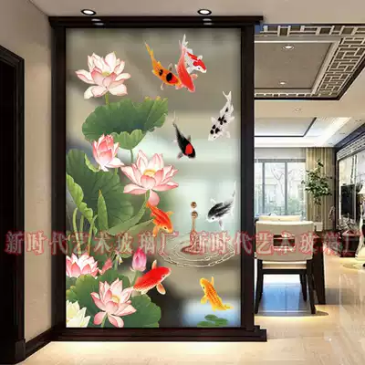 New Chinese style art glass partition screen living room translucent frosted custom tempered carved flower craft porch background