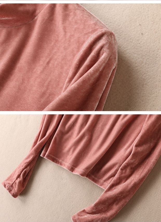 Mùa thu retro cổ cao nửa nhung vàng T-top hoang dã áo thun ngắn tay dài tay nữ đáy B566 áo thun nữ hàn quốc