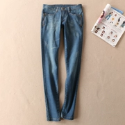 Thoải mái siêu co giãn Chân mỏng mùa thu và quần jeans trắng trầy xước Quần eo nữ dài vừa phải B94