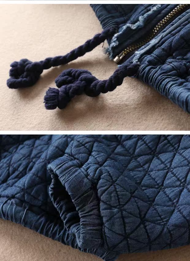 Thời trang thô dây rút eo eo hem mùa đông và mùa đông chần denim áo khoác ngắn nữ cổ tròn dây kéo áo len C184 mẫu áo dạ ngắn đẹp 2021