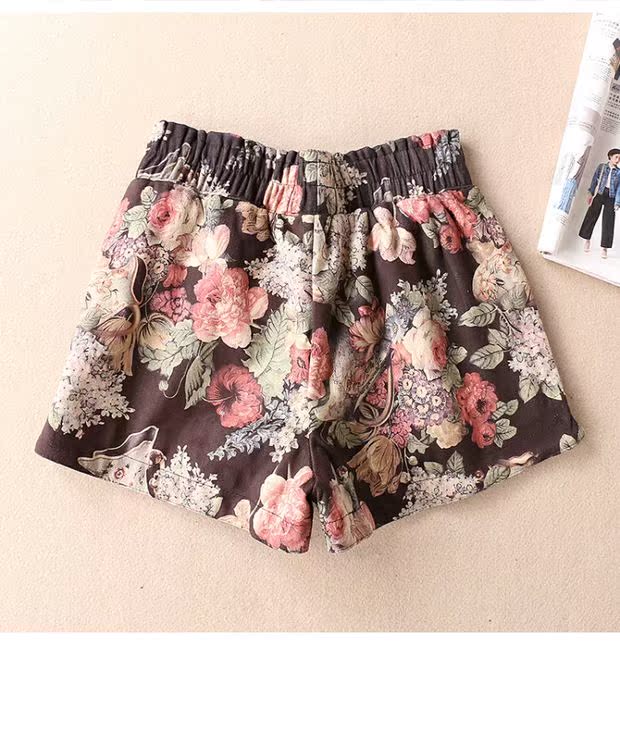 Eo cao giảm béo Hoa lớn mùa thu và mùa đông hoang dã hươu da lộn Quần short nữ Quần thun eo cao cổ WD3326H quần sooc nữ xếp li