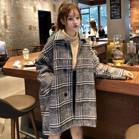 Mùa xuân của phụ nữ phiên bản Hàn Quốc của retro BF gió lỏng phần dài houndstooth áo khoác len học sinh áo khoác len dày - Áo khoác dài áo dạ tweed