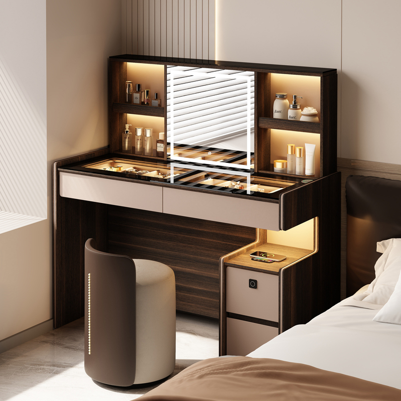 Dressing Table and Bedside Table Integrated, Light Luxury and High-End Feel, Electric Lifting Hidden Mirror, 2025 New Model Bedroom Makeup Table