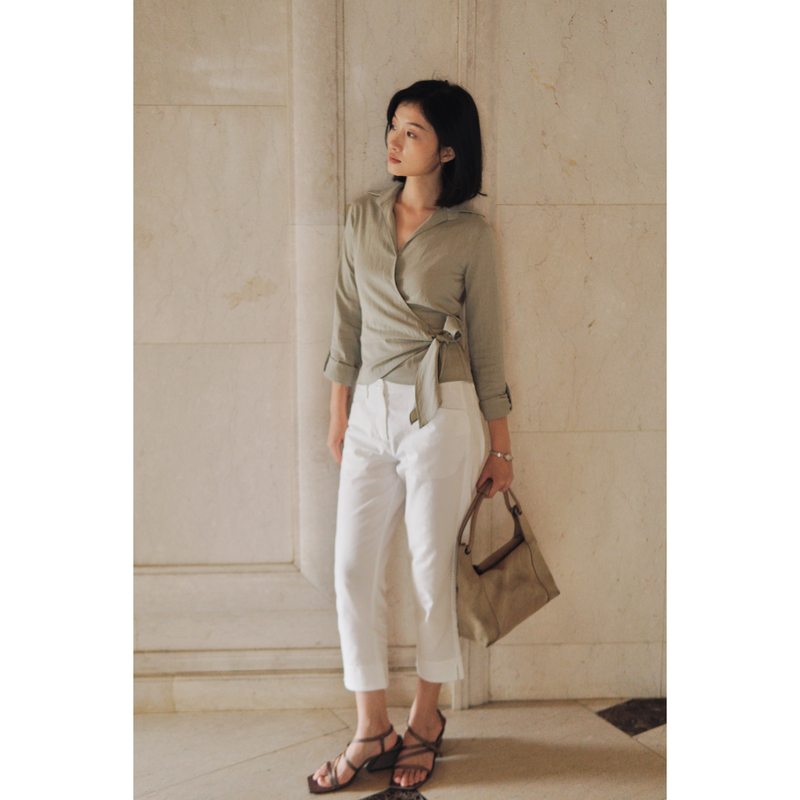Self a Part Fashionable Commuter Wrap-Style Ribbon Slim-Fit Tencel Shirt Long-Sleeve Shirt White Shirt for Women