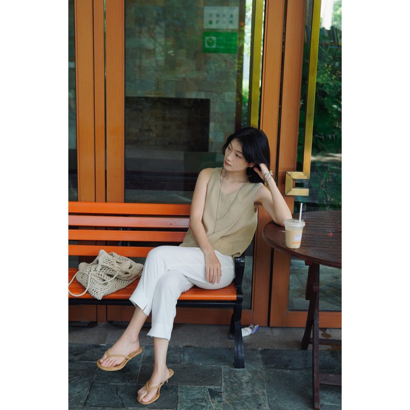 Self a Part Japanese Imported 100% Cotton Fashionable Straight-Leg Cropped White Pants