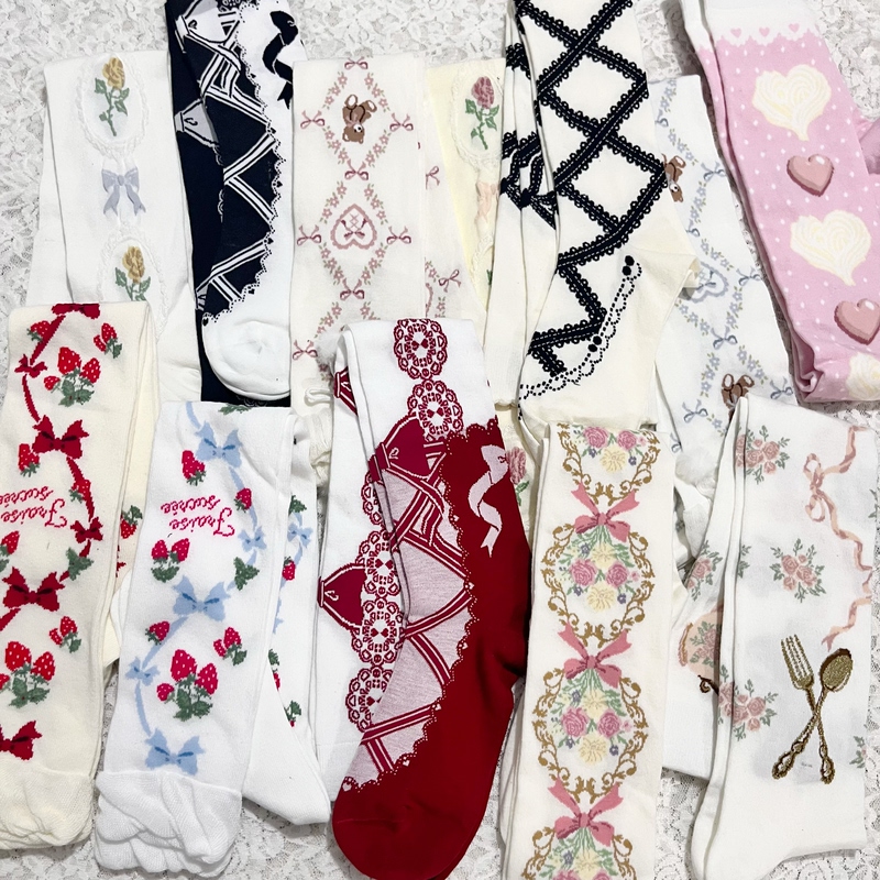 Japanese Sweet Lolita Victorian Lace-Up Lolita Ballet Style Cross Strawberry Floral Long Calf Socks for Women