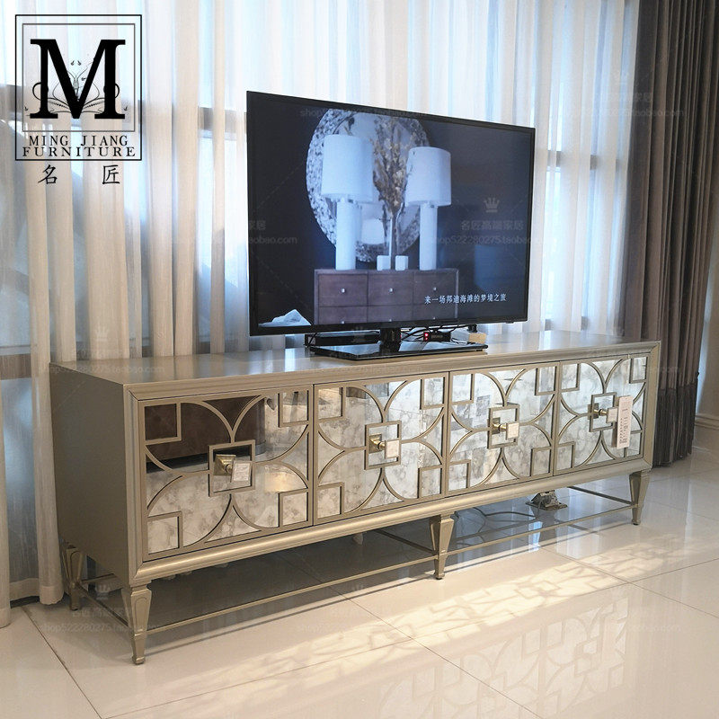 Light Extravagant Solid Wood TV Cabinet American Stainless Steel Hollowed-out TV Cabinet Champagne Gold Modern High Style Glass Mirror Ground Cabinet