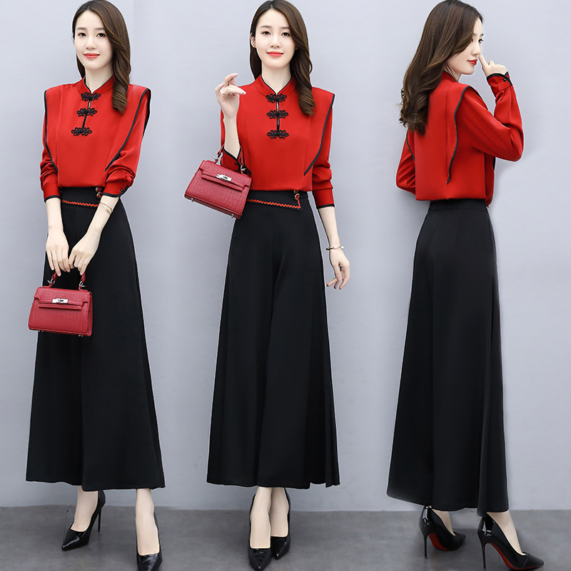China Wind Retro Suits 2022 New Women's Fall Fashion temperament Name Yuanyuan Gas Aging Broadlegged Pants Two Sets 