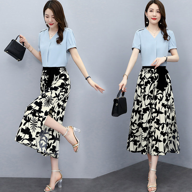 Suit woman 2022 Summer new women Dress Ocean Gas Minus age Small Casual Printed Broadlegged Pants Two-piece Set 