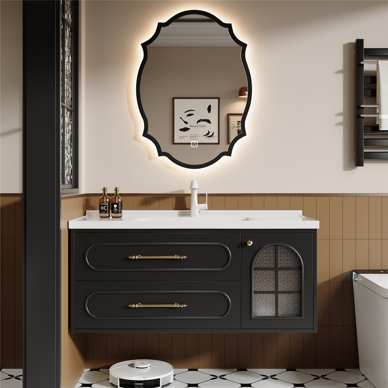 French-Style Bathroom Cabinet with Integrated Ceramic Basin, Full Mirror Bathroom Cabinet, Deep Basin Ceramic Washstand, Deep Basin Handwashing Basin Set French-Style Bathroom Cabinet with Integrated Ceramic Basin, Full Mirror Bathroom Cabinet, Deep Basin Ceramic Washstand, Deep Basin Handwashing Basin Set
