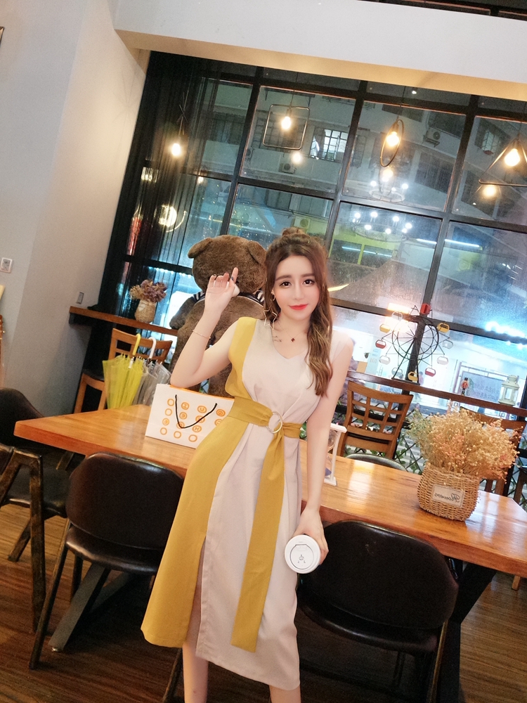 VK旗艦店 韓系收腰顯瘦時尚拚色無袖洋裝