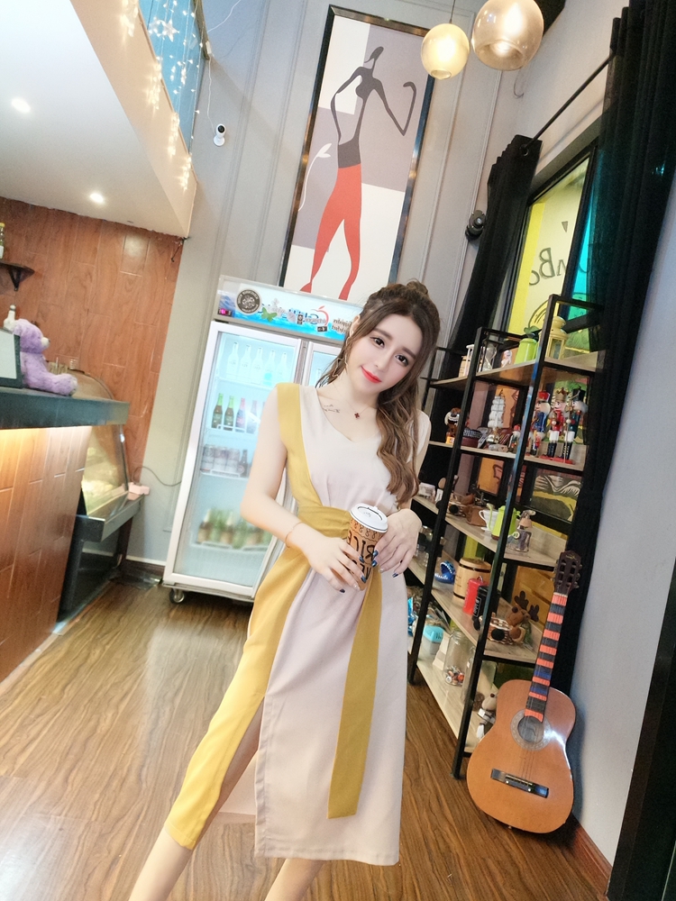 VK旗艦店 韓系收腰顯瘦時尚拚色無袖洋裝