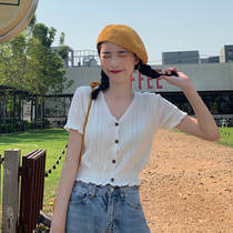 Waist thin short white knit sweater womens spring dress 2021 New Korean version of temperament Joker V neck short sleeve top